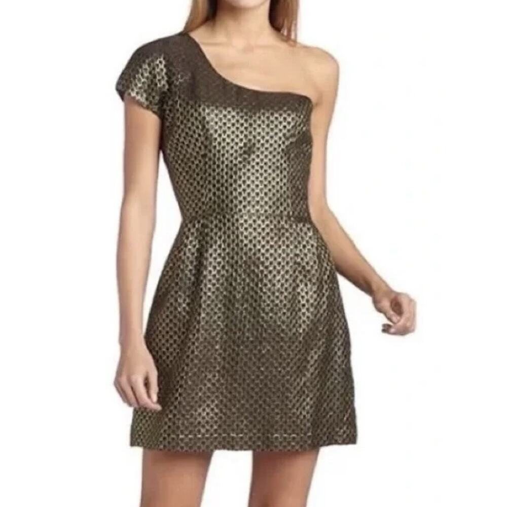 French Connection One Shoulder Black Gold Metallic Jacquard Mini Dress Sz 2 Y2K